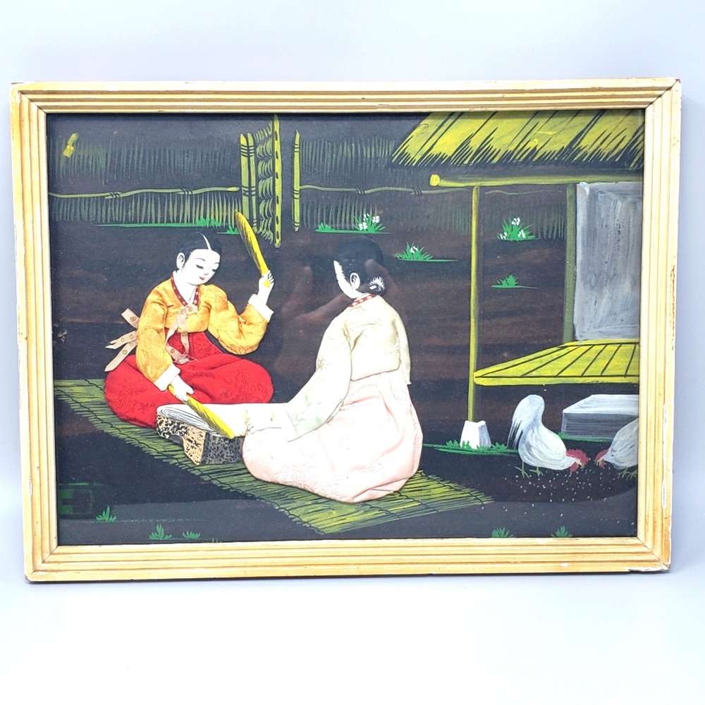 Vintage Handmade Asian Framed Print With Fabric Art